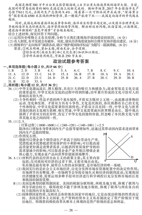 组图:2018江苏高考试卷(政治)及参考答案