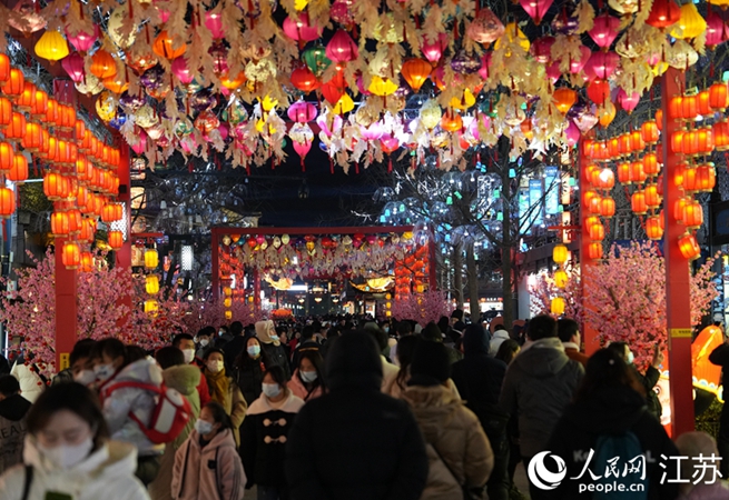 夫子庙景区“群灯荟萃”，元宵节吸引25万游客观灯。人民网 冷金明摄