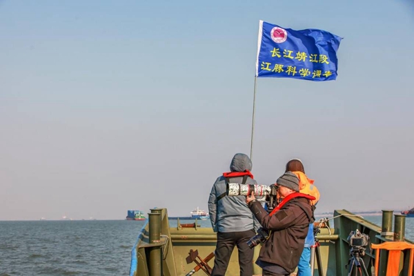 长江江豚调查队在观测江面情况。盛义摄