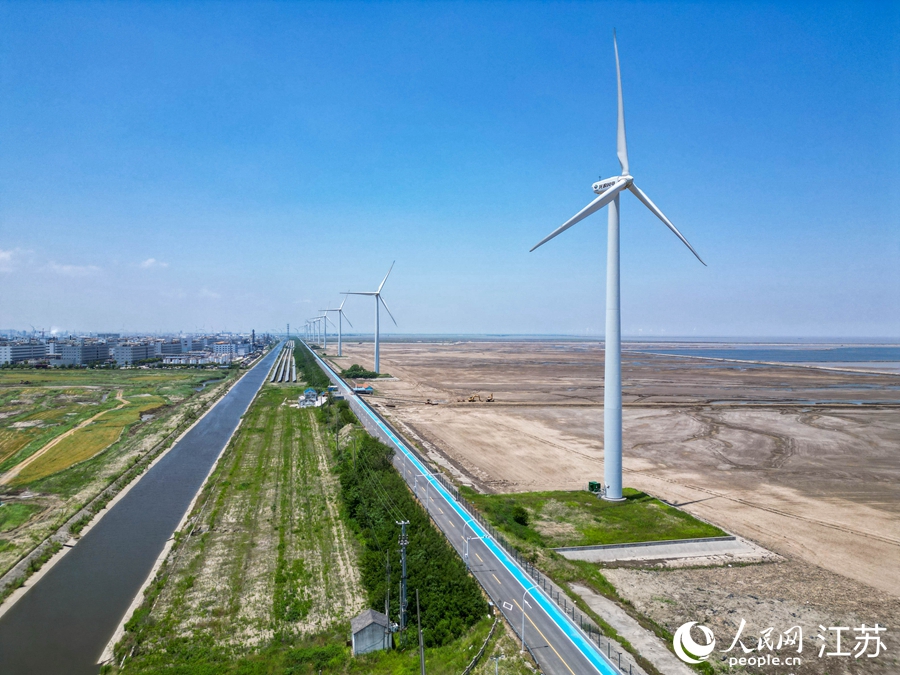 如东通海大路旁的风电机组。人民网 徐晨曦摄