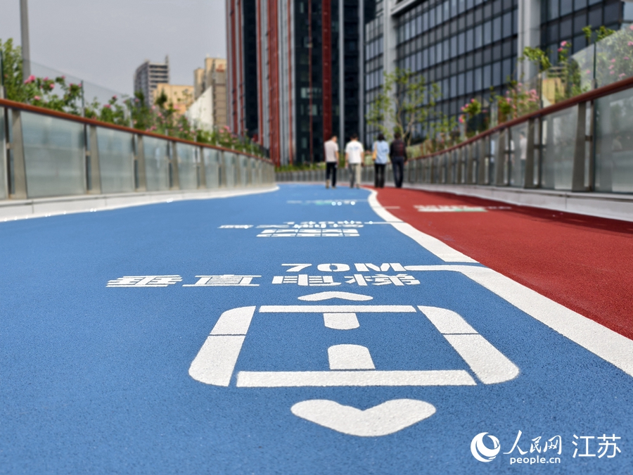 公園道路分為紅色人行步道和藍色自行車道。人民網記者 馬曉波攝