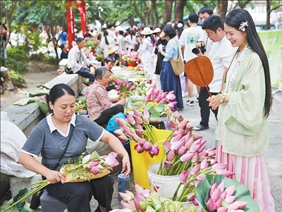图为市民游客在市集选购荷花。苏州日报记者 倪黎祥摄