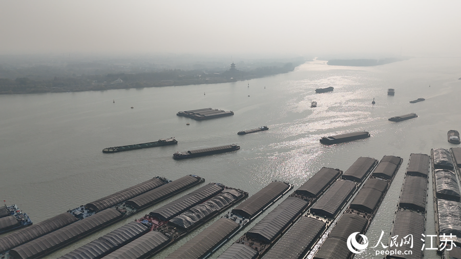 凤凰岛旁,船舶正依次等待过闸。人民网 徐晨曦摄