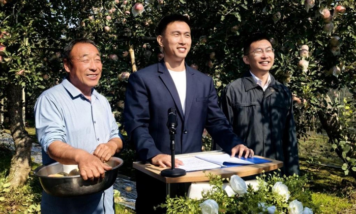 胡成明(左一)与邮政助农工作人员在果园直播。江苏邮政供图