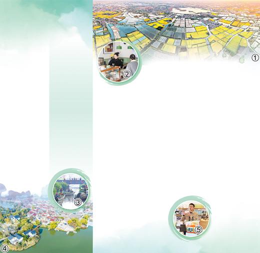 图①:东罗村远眺。 兴化市文体广电和旅游局供图 图②:东罗村咖啡店店主正在接待顾客。 史道智摄 图③:东罗村村民为游客撑船。 周社根摄 图④:傍水而建的东罗村民宿。 史道智摄 图⑤:在东罗村,网上销售直播人员介绍当地特色农产品。 史道智摄