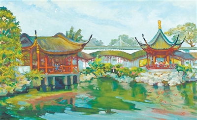 图为费以复油画《网师园》（局部），苏州市公共文化中心藏。