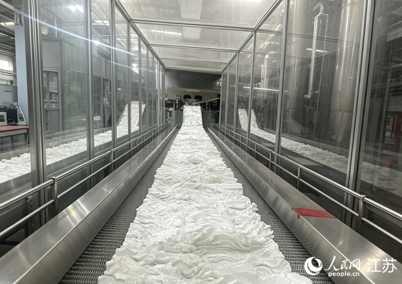 恒逸集团生产车间，自动化传送带上的短纤。人民网 赵登岩摄