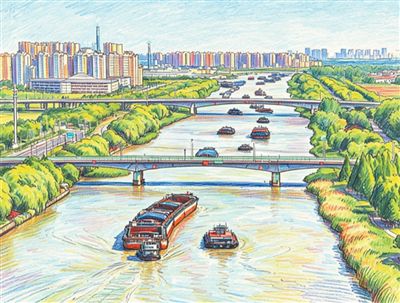 货船行驶在京杭大运河江苏淮安段。殷 潮摄（影像中国），AI修饰生成素描画